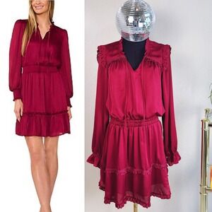 Shabby Chic Burgundy Ruffle Smocked Waist Dress Large, V Neck Long Sleeve